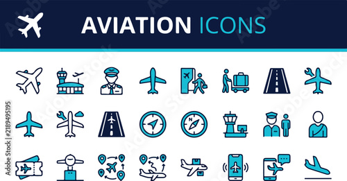 Comprehensive Collection of Aviation and Airport Operations Flat Vector Icon Set for Travel Logistics and Flight Navigation Systems