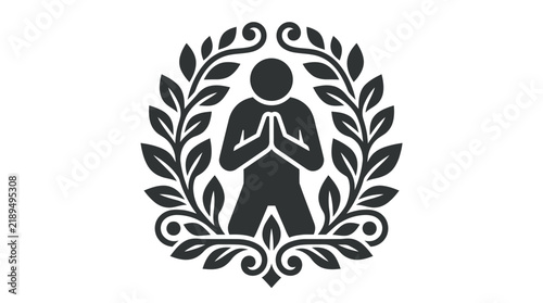 A black silhouette of a person kneeling in prayer surrounded by a laurel wreath.