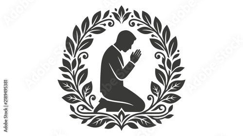 Silhouette of a man kneeling in prayer inside a decorative laurel wreath.