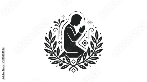 Minimalist silhouette of a man kneeling in prayer with laurel wreath emblem.