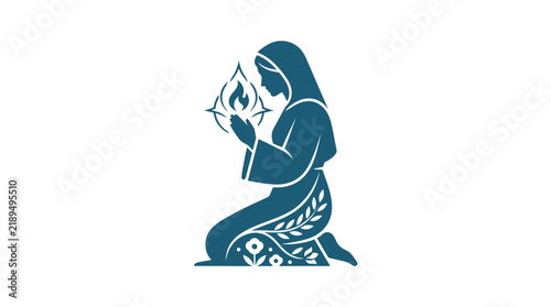Stylized silhouette of a person kneeling in prayer holding a flame.