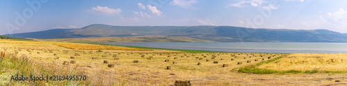 Golden hay bales dot a vast field under a clear blue sky with distant hills
