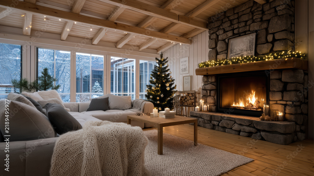Obraz premium Cozy chalet lounge with stone fireplace, Christmas tree, warm lighting, wooden ceiling, winter view, inviting atmosphere