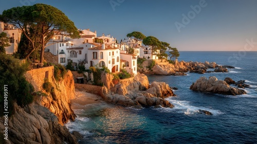 White coastal village perched on rocky cliffs above turquoise Mediterranean sea