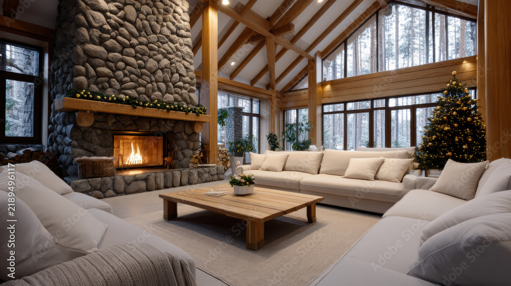 Obraz premium Luxurious cozy chalet lounge with stone fireplace, large windows, Christmas tree, warm lighting, winter forest view