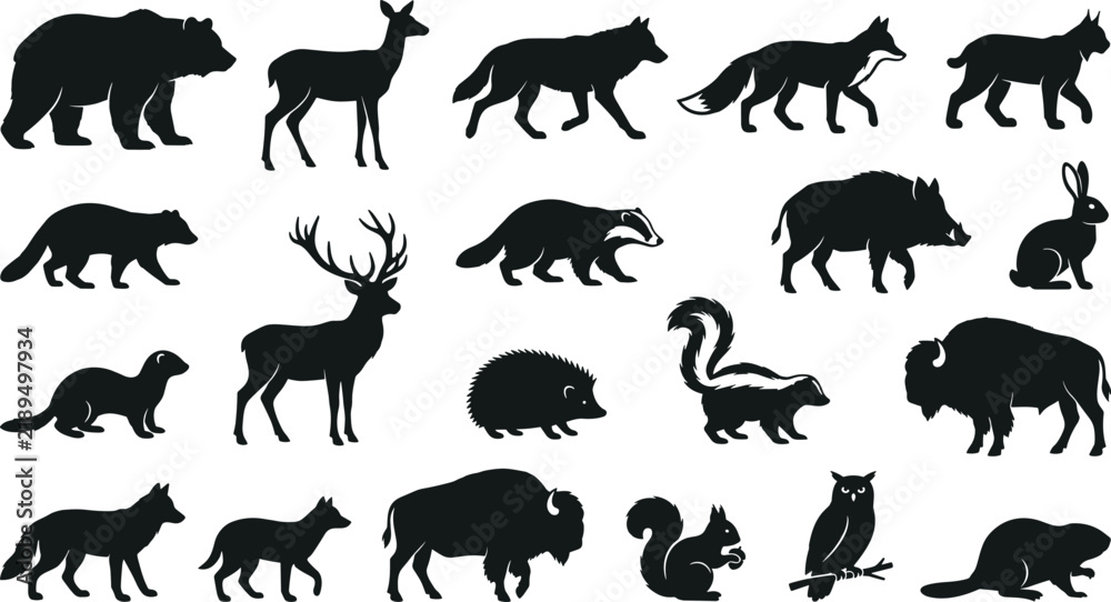 Obraz premium Forest animals and wild fauna black silhouette set vector isolated on white background with bear deer wolf fox boar bison hedgehog