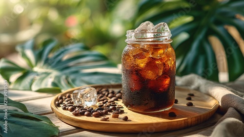Iced coffee in a glass mason jar on a wooden tray with roasted coffee beans with condensation
