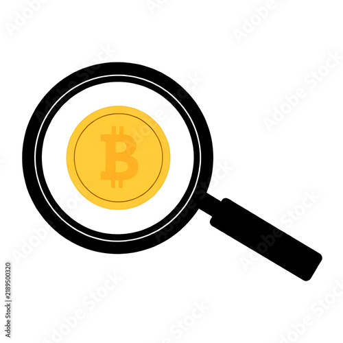 A simple minimalist black silhouette icon of a magnifying glass focusing on a gold coin, representing precious metal price evaluation, financial market research, and equity asset valuation.