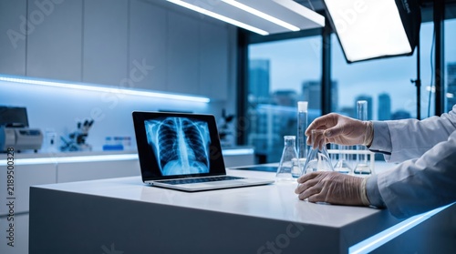 medical technology  AI. Scientist analyzing X-ray images on a laptop while working with test tubes in a modern laboratory.