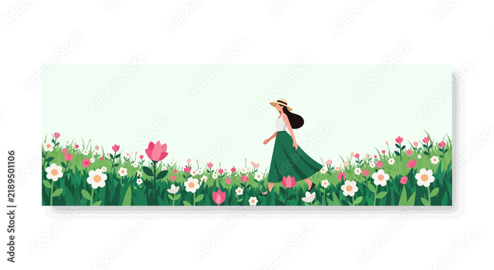 Fototapeta premium Minimalist Woman Walking Through Spring Flower Field Vector Illustration Banner