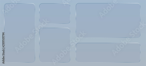 Liquid glass ui button set with transparent 3d effect - rectangle frame box elements in various sizes and proportions, glossy morphism style borders for modern interface design on light background.