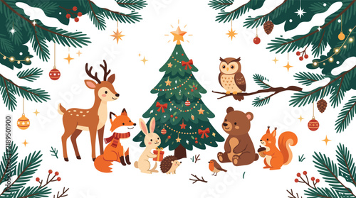 Cute forest animals celebrating christmas around a decorated tree