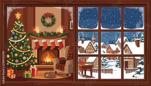 Cozy christmas living room interior with a decorated tree, fireplace, stockings, and a sleeping cat, looking out at a snowy winter village through a window