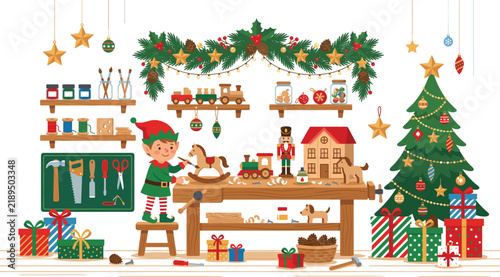 Christmas elf working in a workshop making wooden toys and gifts for the holidays, vector illustration