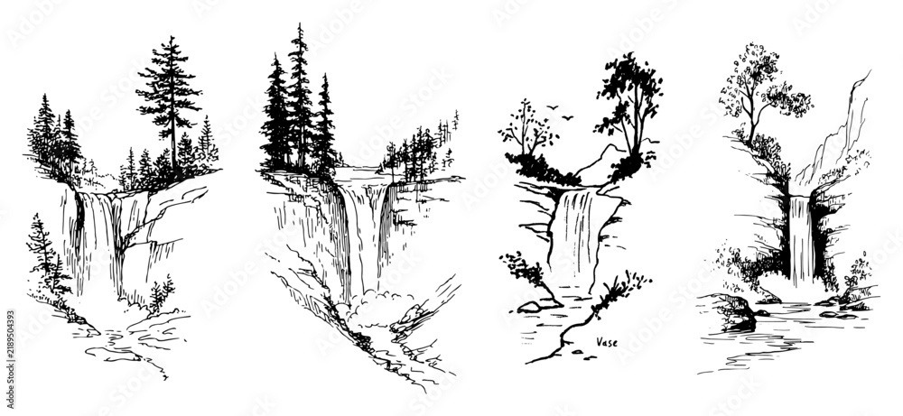 Obraz premium Scenic waterfalls cascading down rocks in mountain forest in ink sketch style