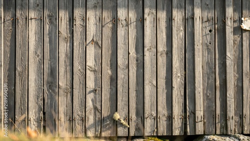 Weathered wooden fence planks with vertical grain and rustic texture in natural light