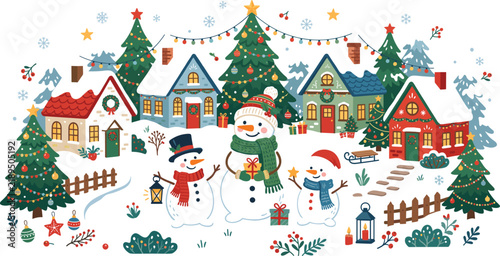 Cute christmas village scene with snowmen, decorated houses, and pine trees, festive winter holiday illustration