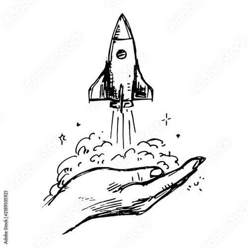 Rocket launching from human hand symbolizing startup and innovation in line art sketch style