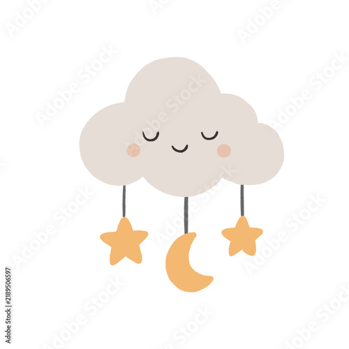 Fotografie Cute sleeping cloud baby mobile with hanging yellow stars and crescent moons ill