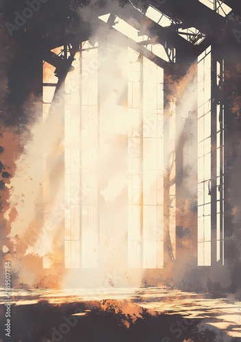 Sunlit industrial interior with hazy atmosphere showcasing large windows and soft reflections on a wet floor in grunge style