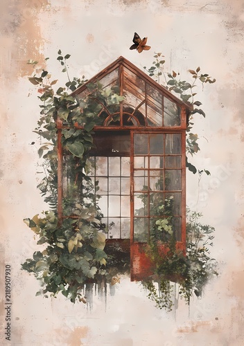Rustic vintage greenhouse with overgrown plants and butterflies in a dreamy, tranquil natural environment illustration
