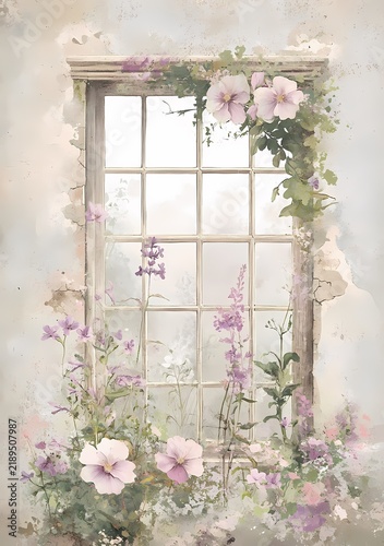 Vintage window adorned with pastel pink flowers and green foliage in a serene watercolor botanical illustration