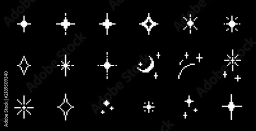Pixel Art Sparkles and Magic Effects Set, Retro 8-Bit Stars and Shining Symbols