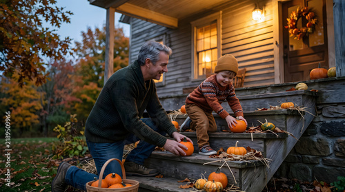 Man and young boy placing pumpkins on outdoor steps