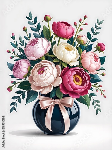 Beautiful bouquet of colorful pink and white peony flowers in a dark vase