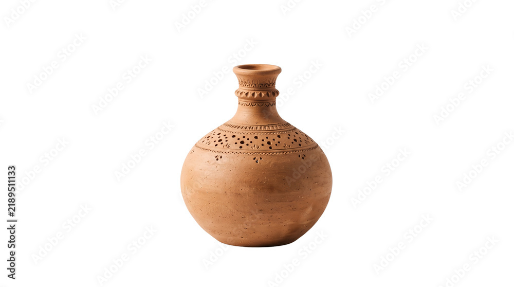 Fototapeta premium Traditional terracotta clay pot with ornate carvings, rustic handmade ceramic vase on white background, ethnic earthen pottery vessel for home decor