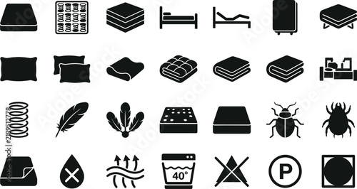 Set of bedding and mattress icons for furniture industry and sleep comfort.