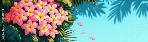 Pink plumeria flowers and tropical palm leaves against a bright turquoise background