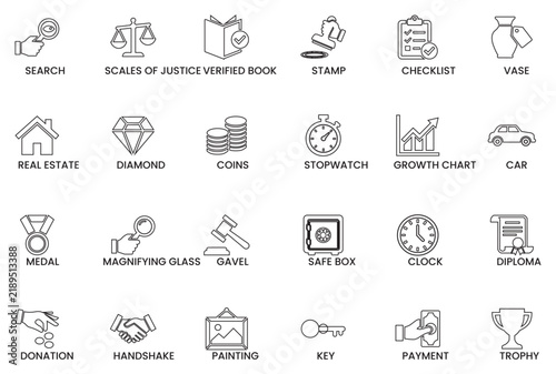 Auction Law and Asset Valuation Vector Line Icon Set for Real Estate Finance Justice and Business Investment Graphic Elements