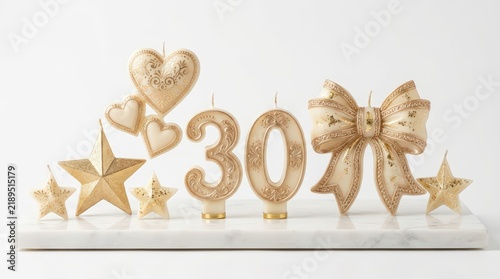 Golden 30 Celebration Candles with Festive Bow and Stars on White.