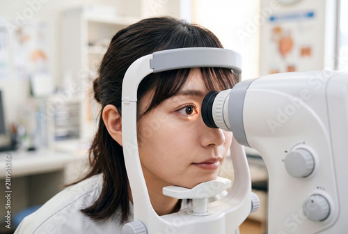 Tapety artystyczne 眼科の検査機器で目の検査を受ける若い女性のクローズアップ