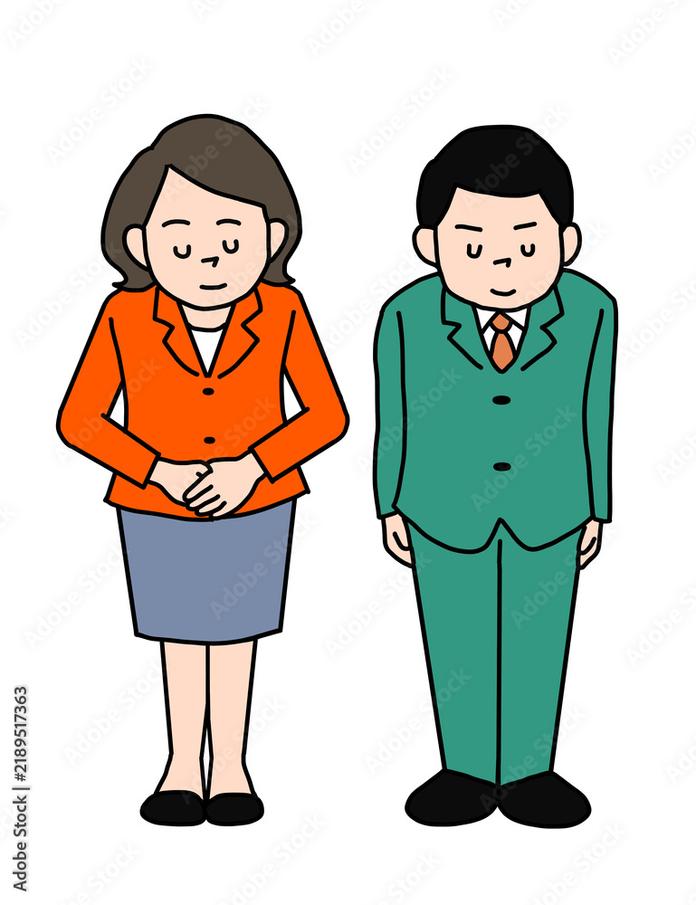 Fototapeta premium お辞儀をして挨拶をするスーツ姿のビジネスパーソン男女2人のイラスト