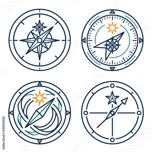 Set of four monoline compass icons for navigation and travel design elements
