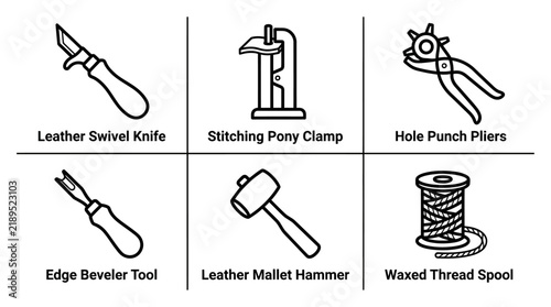 Leatherworking tools labeled with text appear in a grid layout to demonstrate the primary instruments used by craftsmen.