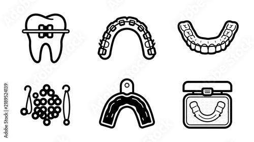 Dental orthodontic icons display a single bracketed tooth, metal braces, dental arches, specialized tools, and a plastic dental retainer case.
