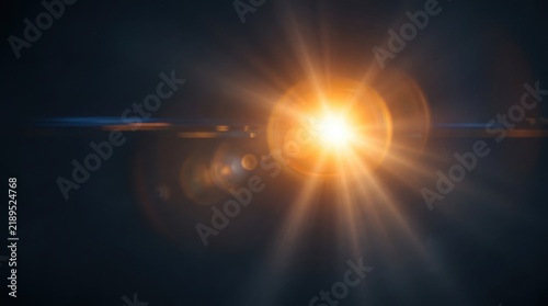 Bright warm lens flare with horizontal light streaks and glowing particles on a dark background, ideal for cinematic effects and adding dramatic visual warmth to imagery.