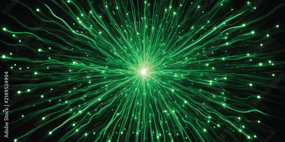 Fototapeta premium Abstract green starburst explosion with radial particle lines radial particles green light abstract burst glowing lines energy blast digital rays central explosion motion effect