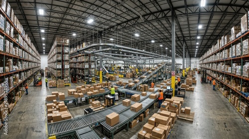 Busy distribution warehouse with workers using forklift trucks and conveyor belts to organize packages in massive industrial space for efficient shipping.