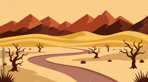 Foto Flat design desert landscape with mountains, dunes, dead trees, and winding path