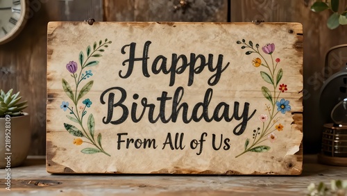 Happy Birthday From All of Us Greeting on Rustic Wooden Sign with Floral Illustrations