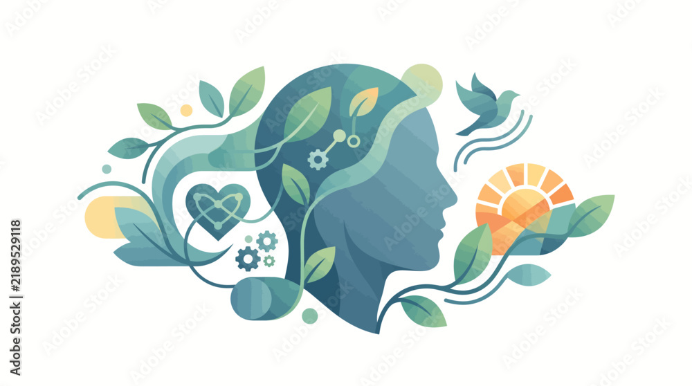 Obraz premium Illustrative graphic of mental wellness with nature and health icons.