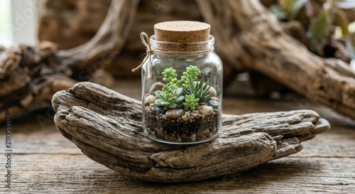 Miniature Succulent Terrarium in a Glass Jar with Cork Lid on Rustic Wood