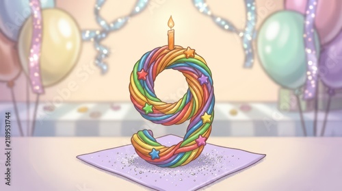 Rainbow number nine birthday candle, colorful 9th anniversary celebration cake topper, festive party background with balloons
