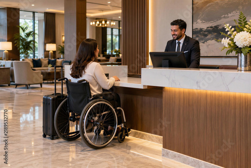 Female Hotel Guest in Wheelchair Checking In at Accessible Reception Desk
