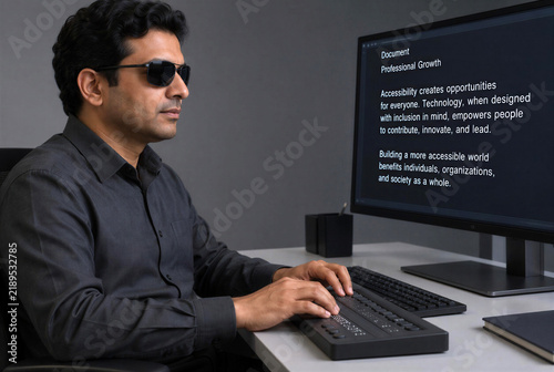 Blind Man Using Screen Reader and Braille Display at Desktop Computer