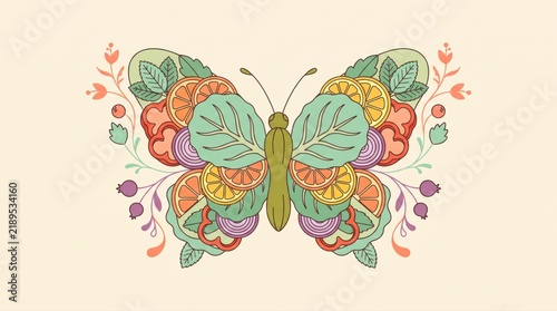 Butterfly made of fresh fruits, vegetables, and leaves. Symbolizing healthy eating, natural ingredients, and a vibrant, balanced lifestyle for wellness and nutrition.